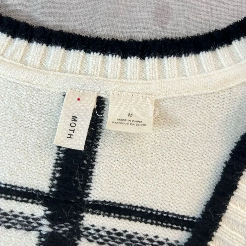 Moth Anthropologie Black White Windowpane Plaid V-Neck Sweater Size Medium
